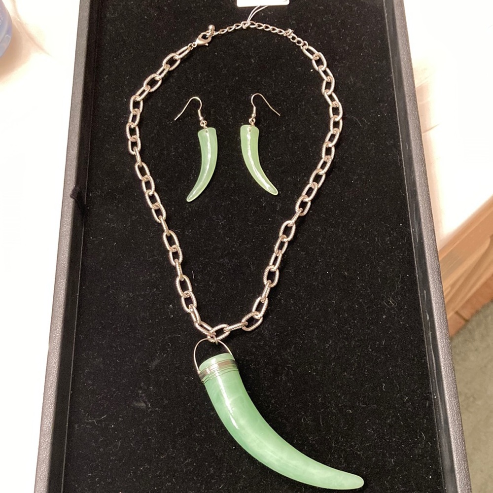 Matching Necklace and Earring Set - Silver Chain with Green Stone Necklace
